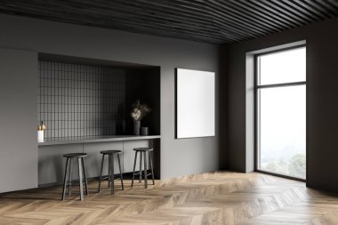 Gri duvarları olan şık bir barın köşesi, ahşap zemin, tabureli bar tezgahı ve dikey maket posteri. 3d oluşturma