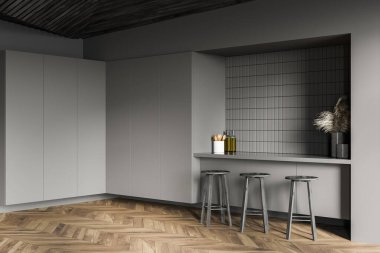 Gri duvarlı şık bir barın köşesi, ahşap zemin ve tabureli bar tezgahı. 3d oluşturma