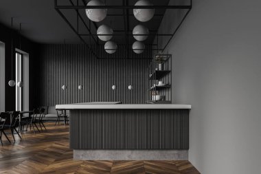 Koyu gri duvarları, ahşap zemini, kare masaları, bar tezgahı ve arka planda kanepesi olan şık bir restoran. 3d oluşturma