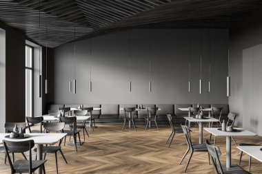 Gri duvarları, ahşap zemini, kare masaları ve uzun gri kanepesi olan bir kafenin içi. 3d oluşturma