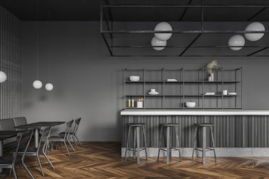Gri duvarları, koyu ahşap zemini, kare masaları ve tabureli bar tezgahı olan çatı katı tarzı bir bar. 3d oluşturma