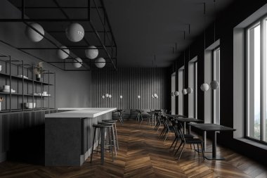 Gri duvarları, koyu ahşap zemini, kare masaları ve tabureli bar tezgahı olan çatı katı tarzı bir bar. 3d oluşturma