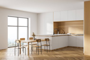 Beyaz duvarları, ahşap zemini, uzun masası ve beyaz dolapları olan şık bir mutfağın köşesi. Bulanık dağ manzaralı bir pencere. 3d oluşturma