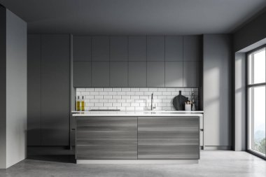 Gri duvarları, beton zemini, gri dolapları ve ahşap adası olan şık bir mutfak. 3d oluşturma