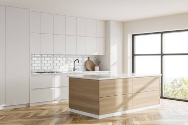 Beyaz duvarları, ahşap zemini, beyaz dolapları ve ahşap adası olan modern mutfağın köşesi. 3d oluşturma