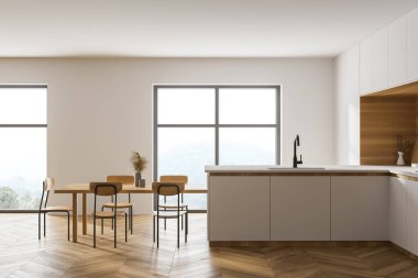 Beyaz duvarları, ahşap zemini, uzun masası ve beyaz dolapları olan şık bir mutfak. Bulanık dağ manzaralı bir pencere. 3d oluşturma