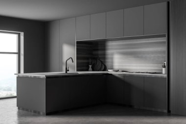 Gri ve ahşap duvarları, beton zemini ve lavabo ve ocağı olan bir adanın köşesi. 3d oluşturma