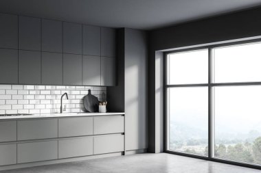 Gri duvarları, beton zemini, gri dolapları olan ve lavabo ve fırının içine inşa edilmiş şık bir mutfağın köşesi. 3d oluşturma