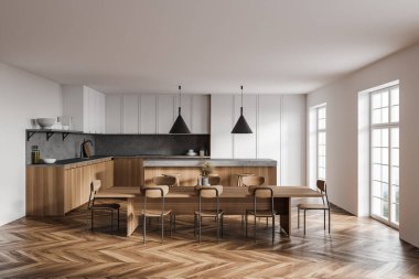 Beyaz duvarları, ahşap zemini, ahşap ve beyaz dolapları, uzun yemek masası ve tabureli bir barı olan şık bir mutfak. 3d oluşturma