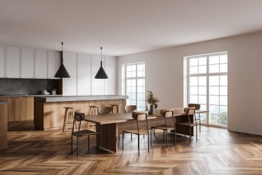 Beyaz duvarlı şık bir mutfak, ahşap zemin, ahşap ve beyaz dolaplar, uzun yemek masası ve tabureli bir bar. 3d oluşturma