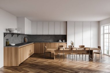 Beyaz duvarları, ahşap zemini, ahşap ve beyaz dolapları ve uzun yemek masası olan modern mutfağın içi. 3d oluşturma