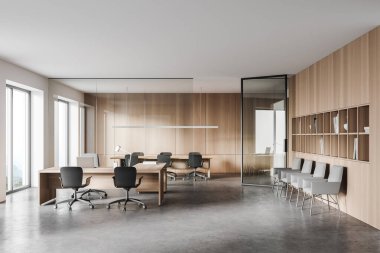 Beyaz ve ahşap duvarları, beton zemini ve sıra sıra bilgisayar masaları olan modern açık uzay ofisinin içi. Toplantı odası arka tarafta. 3d oluşturma