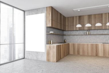 Açık ahşap ve beton mutfak köşelerinde lambalar ve aletlerle yapılmış boş tuval, yan görüş. Mutfak odasındaki boş çerçeve büyük pencereli, 3 boyutlu, kimseyi göstermiyor.