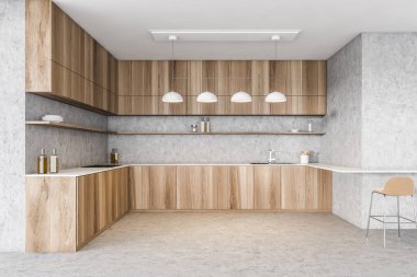 Ahşap minimalist mutfak seti, minimalist modern mutfak odasının ahşap ve beton döşemesi. Masadaki lambalar ve aletler, soba ve lavabo, 3D 'de insan yok.