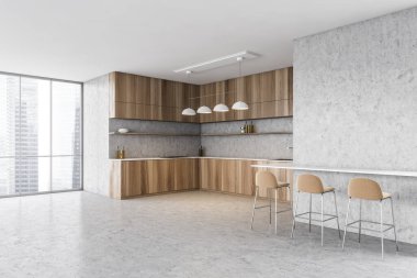 Tahta ve gri mutfak odası ve üç bej bar sandalyesi. Ahşap minimalist mutfak seti, yan görünüş, soba ve lavabo, şehir manzaralı pencere, 3 boyutlu kimseyi yansıtmıyor.