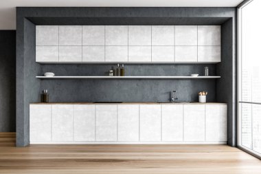Masada ve masada rafları, fırını, lavabosu ve mutfak aletleri olan beyaz ve gri mutfak seti. 3D pencerenin yanına kurulmuş lüks minimalist mutfak, insan yok.