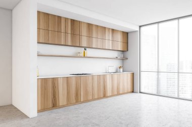Raflı beyaz ve ahşap mutfak seti, yan manzara. Fırın, lavabo ve mutfak aletleri masanın üzerinde. Pencere kenarındaki ahşap minimalist mutfak, insan yok.
