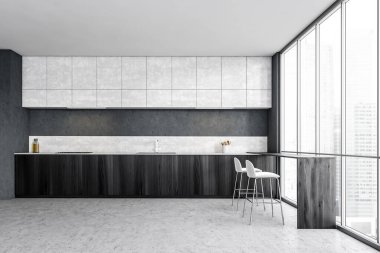 Beyaz ve gri mutfak. İki siyah bar sandalyesi ve tezgahı var. Şehir gökdelenlerinin penceresi. Lüks minimalist mutfak, mermer zemin 3D, insan yok.