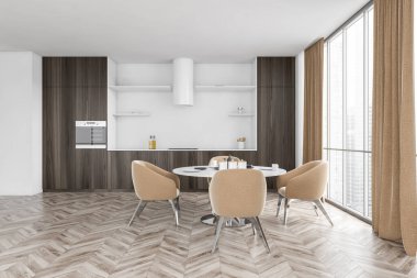 Ahşap ve bej rengi minimalist mutfak perdeleri olan pencerenin yanında. Önü manzaralı, dört sandalyeli yemek masası. Mutfak ocağı ve kapüşonlu, 3 boyutlu, kimseyi göstermiyor.