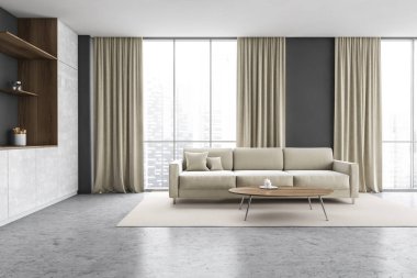 Ahşap ve gri minimalist mutfak perdeleri olan pencerenin yanında. Beyaz halıdaki kanepe ve kahve masası. Mobilyalı mutfak, 3 boyutlu, insan yok.