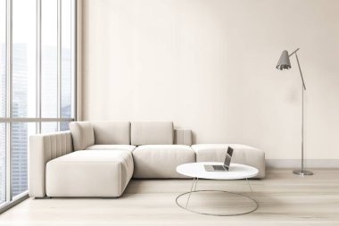 Geniş pencereli aydınlık oturma odası, beyaz köşeli kanepe ve dizüstü bilgisayarlı kahve masası. Parke zemin ve lamba üzerinde koltuk, şehir manzaralı pencere, 3D görüntüleme