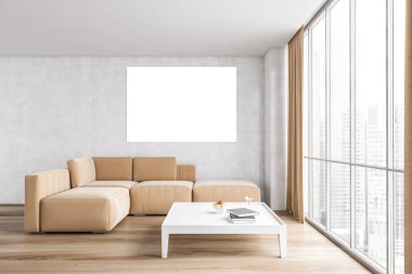 Oturma odasında bej renkli kanepe, gri duvar ve ahşap zemin olan bir çerçeve. Kitapları ve kokteyli olan büyük beyaz kare kahve masası, pencerenin yanında, 3 boyutlu, kimseyi göstermiyor.