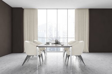 Dört beyaz sandalyeli yemek odası, gri mermer zeminde tabakları olan masa, pencereli ön manzara. Yemek masası ve mobilyaları olan oturma odası, 3 boyutlu, insan yok.
