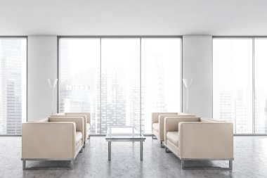 Beyaz salon müşteriler için bekleme odası, bej koltuklar, cam sehpa, mermer zemin. Pencerenin yanında dört koltuk olan kabul odası, 3 boyutlu, kimseyi göstermiyor.