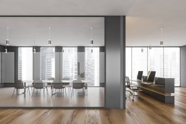 Cam pencerenin arkasında masa ve sandalyeli bir ofis konferans odası. Minimalist toplantı odası ve resepsiyon odası. Koltukları ve bilgisayarı var. Parke kat 3D.