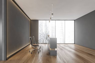 İki bilgisayarı ve koltuğu olan siyah kabul odası. Arka lambalı siyah duvar, resepsiyon girişi pencerenin yanındaki ofis masası, parke kat 3D çizimi, insan yok.