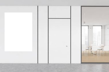 Beyaz ofis konferans odasında beyaz sandalyeli ve masalı bir tuvalin fotokopisini çek. Modern ofiste cam pencerenin arkasındaki posterle toplantı odası, 3 boyutlu, kimseyi görüntülemeden.