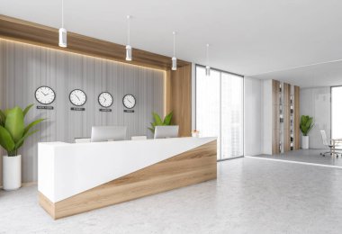 İki bilgisayarı ve duvarında saatleri olan beyaz ve ahşap kabul odası. Pencere ve aynanın yanında ofis masası olan resepsiyon girişi, mermer kat 3D, kimseyi göstermiyor.