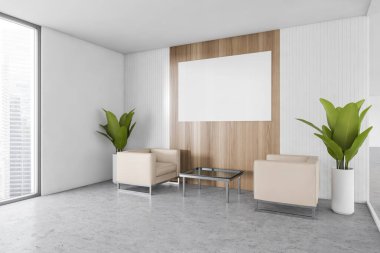 Bekleme odasında iki koltuk ve sehpası olan, yan manzaralı, pencerenin yanında bir tuval var. Bitkilerle dolu beyaz ve ahşap bir oda, 3 boyutlu, insan yok.