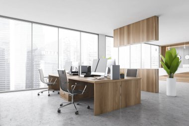 Gri mermer zemin üzerinde tahta koltukları ve masaları olan ahşap ofis, yan görüş, siyah koltuklu modern minimalist iş odası ahşap masalar, şehir manzaralı pencere 3D