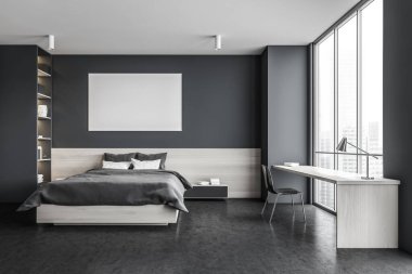 Siyah yatak odasındaki bez çerçeve, kitaplıklı yatak, sandalyeli masa. Siyah ve ahşap dizayn, karanlık zemin, şehir manzaralı pencere, 3 boyutlu, kimseyi yansıtmıyor.