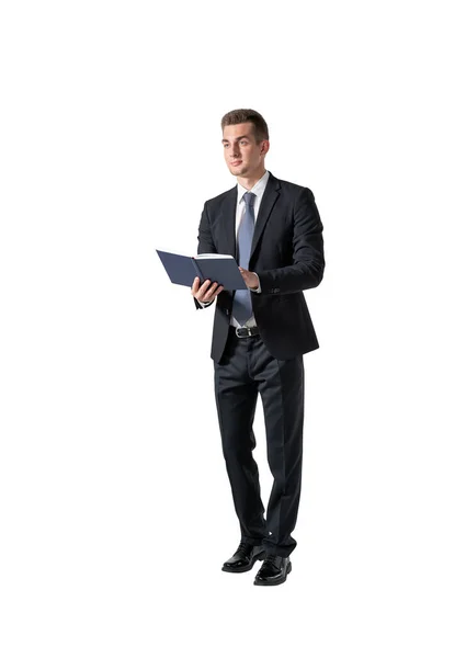 Retrato Isolado Comprimento Total Jovem Empresário Europeu Com Planejador Conceito — Fotografia de Stock