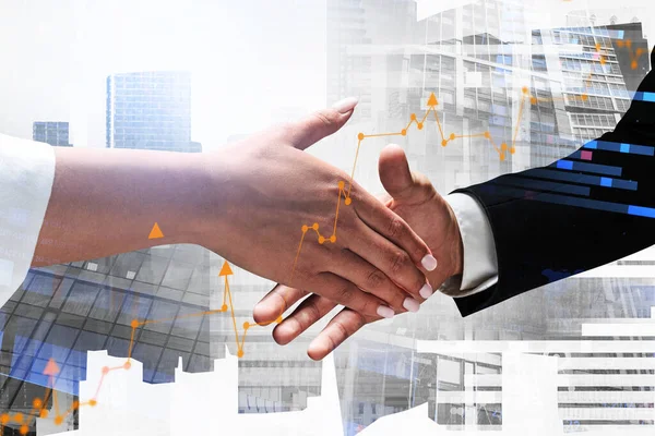 Businessman Businesswoman Shaking Hands Blurry City Double Exposure Graphs Toned — Stock Photo, Image