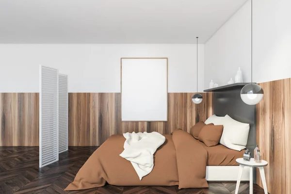 Mockup frame in wooden and white bedroom, brown bed with linens on parquet floor. White wooden screen in living room, 3D rendering no people