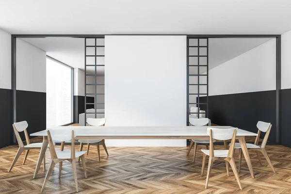 Mockup copy space in white and black dining room with chairs and table on wooden floor. Modern minimalist eating room with wooden furniture, 3D rendering no people