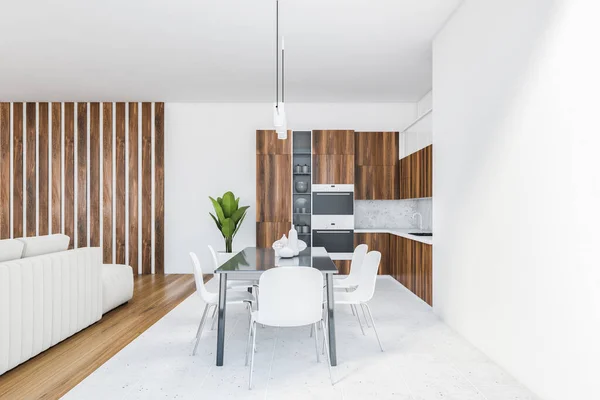 White Living Room Eating Table Chairs Wooden Kitchen Set Shelves — Stock Photo, Image