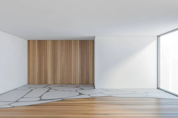 现代简约主义工作室公寓的白色和木制空房间 空荡荡的白色浴室 大窗户 3D渲染没有人 — 图库照片