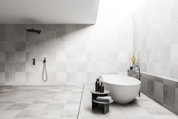 Seitenansicht Des Modernen Badezimmers Mit Weißen Wänden Und Fußboden Komfortabler — Stockfoto