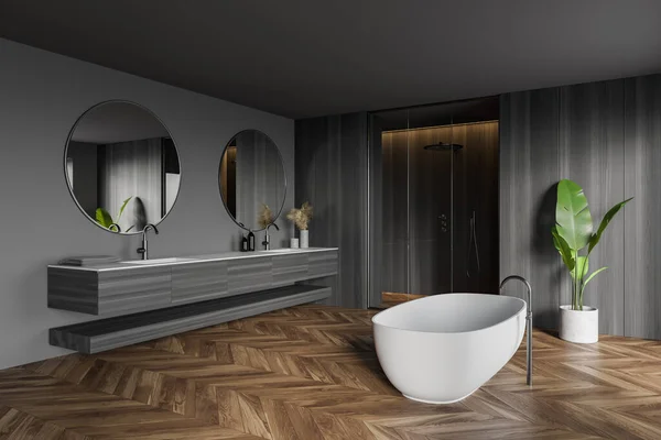 Corner Stylish Bathroom Gray Wooden Walls Wooden Floor Comfortable Bathtub — Stock Photo, Image