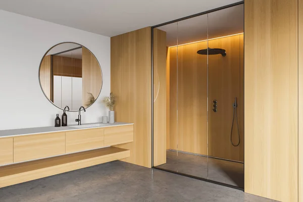 Corner Modern Bathroom White Wooden Walls Concrete Floor Shower Stall — Stock Photo, Image