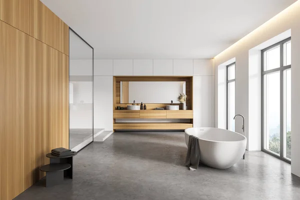 Intérieur Salle Bain Moderne Avec Murs Blancs Bois Sol Béton — Photo