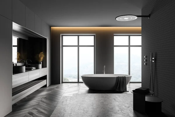 Intérieur Salle Bain Élégante Avec Des Murs Gris Bois Sol — Photo