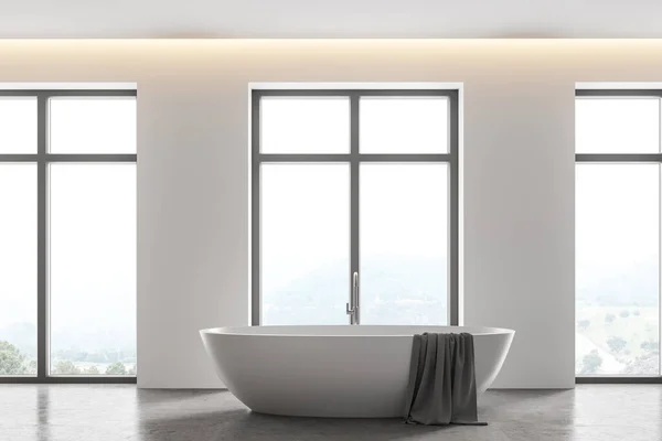 Interior Baño Moderno Con Paredes Blancas Suelo Hormigón Cómoda Bañera — Foto de Stock