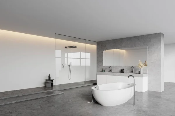 全景浴室角落 白色墙壁 混凝土地面 淋浴间 舒适的浴缸和双层水池 3D渲染 — 图库照片