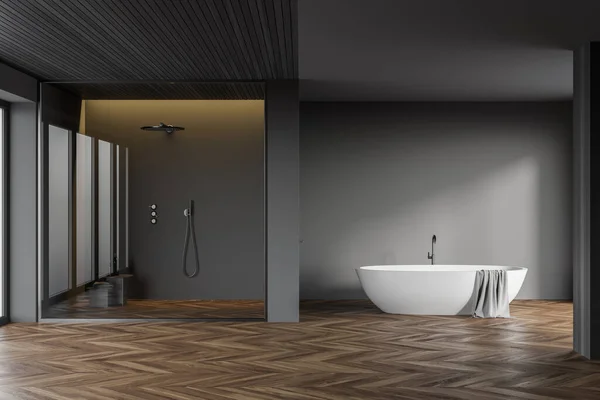 Interior Modern Bathroom Gray Walls Wooden Floor Comfortable Bathtub Shower — Stock Photo, Image