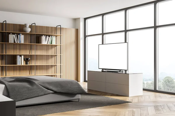 Intérieur Chambre Panoramique Avec Des Murs Blancs Bois Sol Bois — Photo